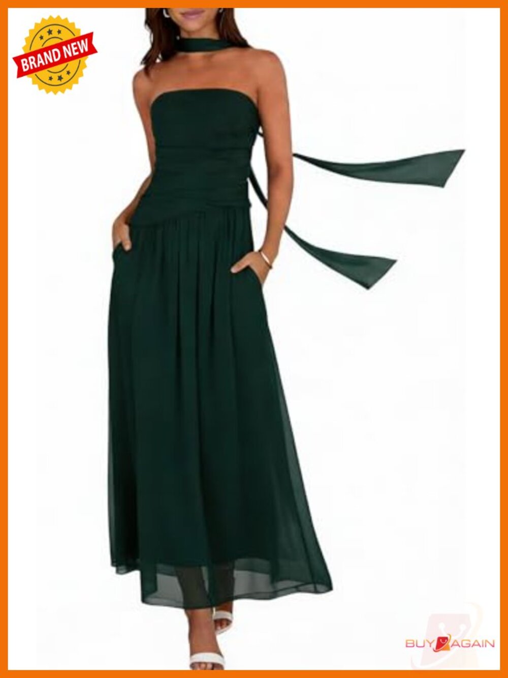 Womens Strapless Ruched Maxi Dress with Scarf Wedding Guest
